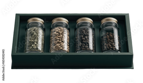 Four glass jars, filled with different coffee beans, sit in a dark green box