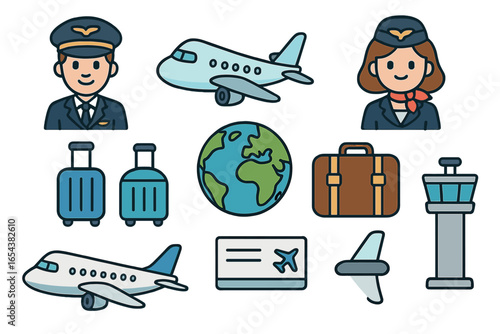 Aviation icon collection. Airline pilot, stewardess, airplane, luggage, airport tower, ticket. Air travel and vacation flight symbols. Vector cartoon graphic illustration set.
