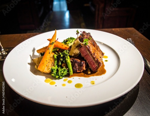 A beautifully plated meal featuring roasted meat, vegetables, and a rich sauce.