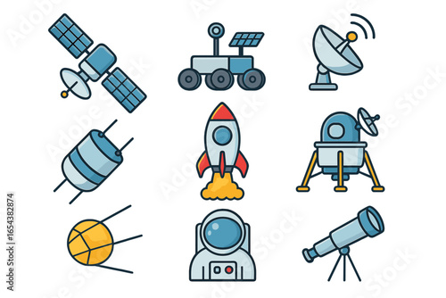 Space exploration icon set. Vector collection of cartoon astronaut, rocket, satellite, rover, telescope, lunar lander and radar dish. Astronomy and science symbols isolated.