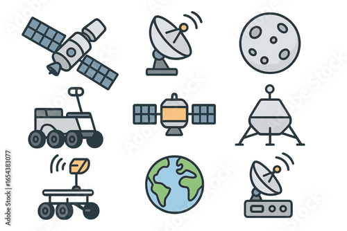 Space exploration icon set. Satellite, rover, lunar lander, planet Earth, and moon icons. Astronomy and communication technology symbols. Cosmic discovery vector collection.
