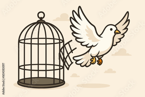 White bird flying out of a broken cage. Symbol for freedom, hope, and breaking free from captivity. Metaphor for liberation, new beginnings, release, and escaping limits.