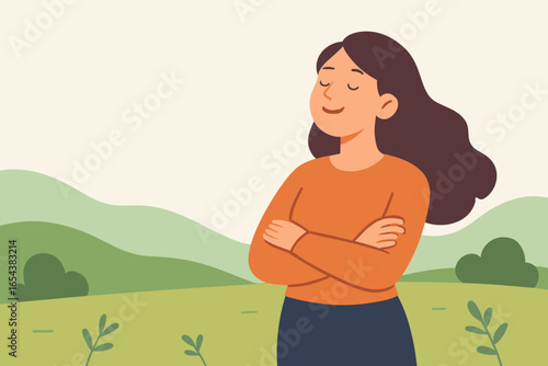 Woman enjoying fresh air outdoors. Concept of calm, relax, and mental wellbeing. Girl in nature taking a break. Mindfulness and self-care. Serene person in landscape.