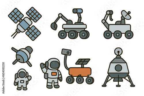 Vector collection of space exploration elements. Flat design icons of astronaut, Mars rover, satellite, lander, and probe. Cosmic adventure and astronomy technology graphics.