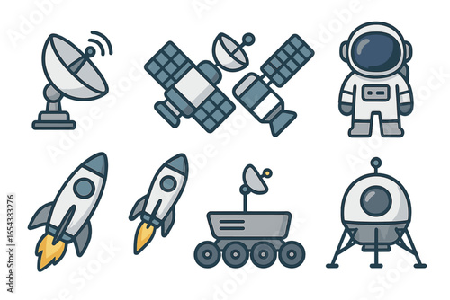 Space exploration icon set. Vector cartoon illustration of astronaut, rocket, satellite, rover, lunar lander, and antenna. Futuristic science and astronomy graphic elements.