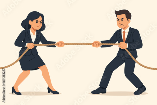Woman vs man in tug of war. Business people pulling rope. Gender competition and rivalry in office. Corporate conflict, power struggle between colleagues. Vector illustration.