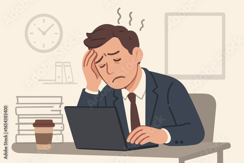 Work stress and exhaustion concept. Businessman with headache having concentration problems in office. Overwhelmed, overworked and depressed employee feeling burnout. Vector.