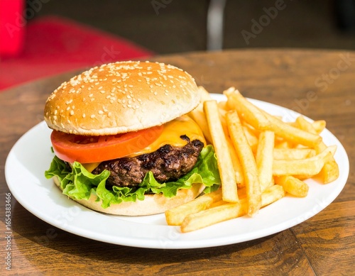 A delicious hamburger with lettuce, tomato, and cheese served on a white plate with a side of golden french fries.