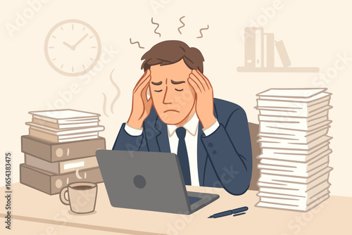 Work stress and exhaustion concept. Businessman with headache and concentration problems in office. Overwhelmed, overworked, and depressed employee with burnout. Mental health.