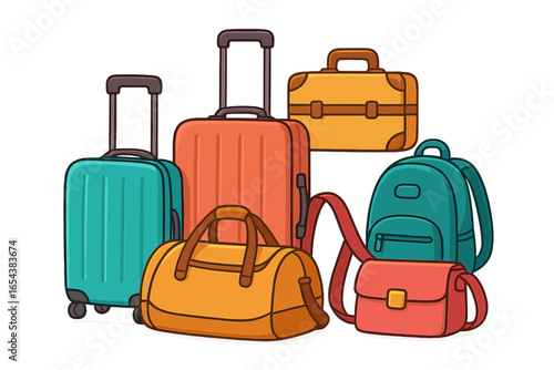 Colorful travel luggage set. Vector cartoon illustration of baggage for vacation. Suitcase, bag, backpack collection. Journey, tourism, and packing concept. Isolated object.