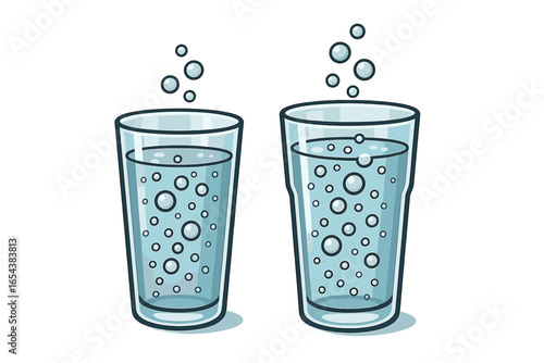 Two glasses of sparkling water, soda pop, or carbonated mineral drink. Concept for refreshment, thirst, and hydration. Vector cartoon illustration of fresh effervescent bubbles.