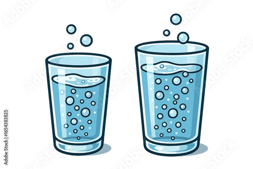 Two glasses of fresh sparkling water with bubbles. Vector illustration of pure mineral water. Healthy refreshing drink, hydration concept. Carbonated soda pop beverage icon.