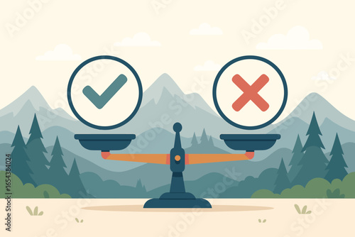 Yes or no choice concept. Weight scale balancing between two answers. Tick and cross signs illustrate a dilemma or decision. Pros and cons evaluation. Flat vector illustration.
