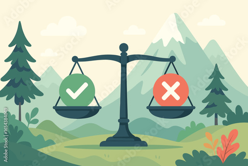 Yes or no choice concept with weight scale in balance. Pros and cons, right and wrong decision making dilemma. Tick and cross symbols. Flat design vector illustration in nature.