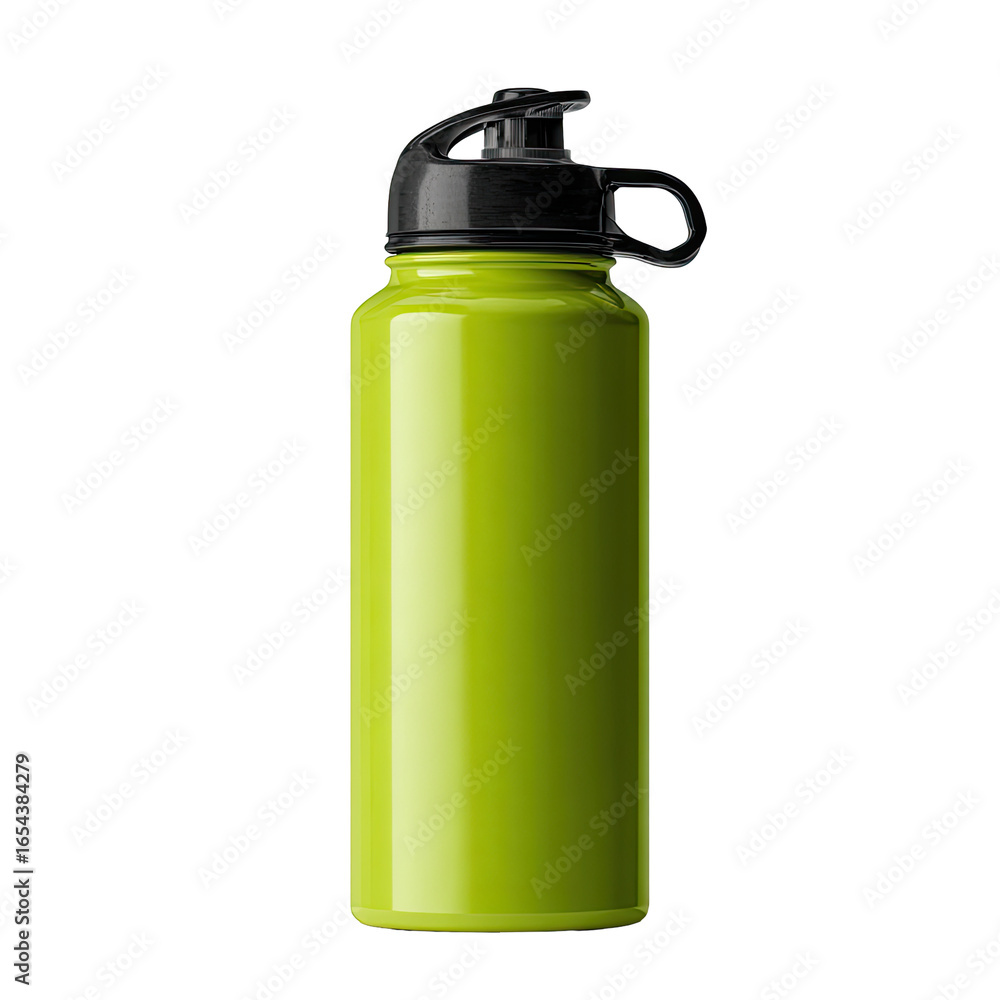 Bright lime green metal water bottle with black lid and handles