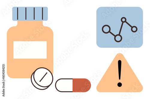 Medicine container, pills, exclamation triangle, and progress chart highlight drug safety, analysis, healthcare, decision-making, risk management and pharmaceutical development. Ideal