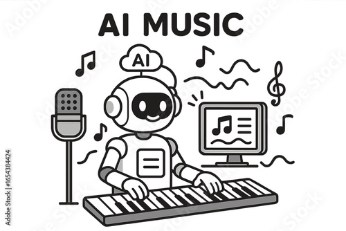 AI music creation concept. Robot character plays keyboard synthesizer. Artificial intelligence in sound production. Future technology. Cute bot musician vector illustration.