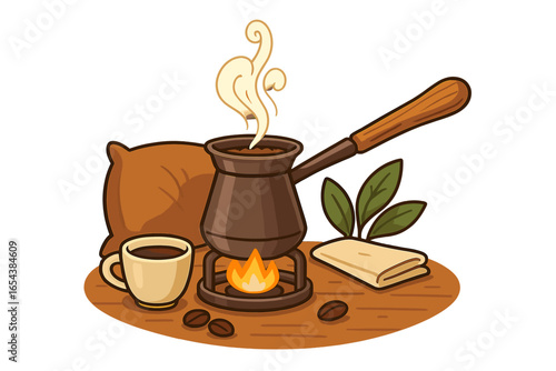 Making traditional Turkish coffee in a cezve. Hot aromatic drink brewing on a burner. Cozy coffee ceremony concept with cup and beans. Vector cartoon illustration isolated.