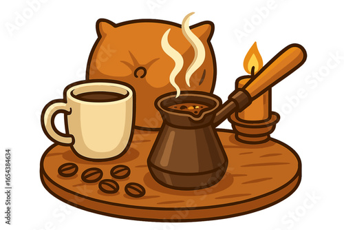 Cozy coffee brewing scene with a traditional cezve pot, steaming cup, and candle. Vector illustration for a cafe menu, morning ritual, or hygge concept. Isolated graphic.