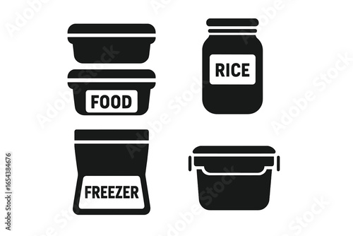 Food storage container icon set for kitchen organization. Vector icons of meal prep containers, mason jar, freezer bag. Pantry and leftovers concept for budgeting.
