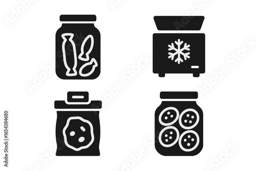 Food preservation methods solid icon set. Canning, pickling, freezing, vacuum sealing concepts. Jar with pickles, freezer, vacuum sealer bag. Food storage vector icons.