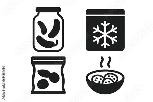 Food preservation methods icon set. Solid glyph vector illustrations of canning, freezing, vacuum sealing, and pickling. Essential symbols for food storage and meal prep.
