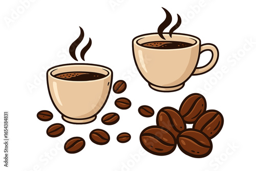 Two hot coffee cups with steam and roasted coffee beans. Vector illustration for cafe menu, branding, or advertising. Fresh morning beverage concept. Espresso or cappuccino icon.