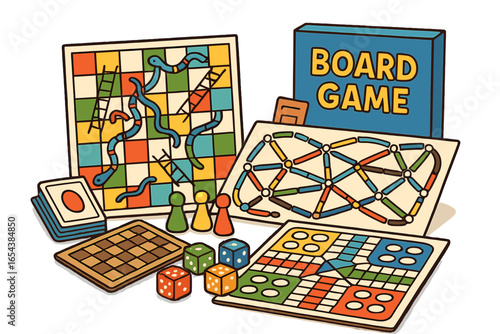 Colorful collection of classic board games. Retro vector cartoon for family game night. Tabletop games like Snakes and Ladders with dice and pawns. Hobby and leisure concept.