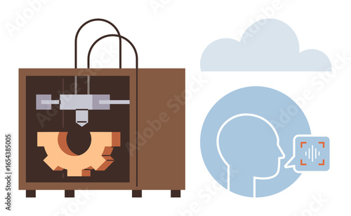 3D printer creating a mechanical gear head silhouette representing voice recognition integrated with cloud computing. Ideal for technology, AI, innovation, automation, manufacturing, cloud, progress