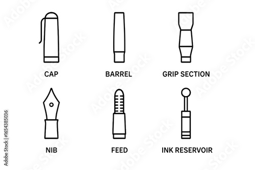 Fountain pen anatomy outline icon set. Technical vector illustration of disassembled pen parts. Infographic with cap, barrel, grip, nib, feed, ink reservoir. Calligraphy.