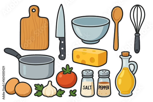 Big set of cooking food ingredients and kitchen utensil icons. Cartoon vector illustration for meal prep and recipe. Culinary tools, vegetables, oil, eggs and cheese isolated.