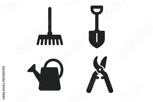 Garden tool icon set. Solid glyph collection of gardening equipment. Rake, shovel, watering can, and pruning shears silhouettes. Vector graphic for agriculture or horticulture.