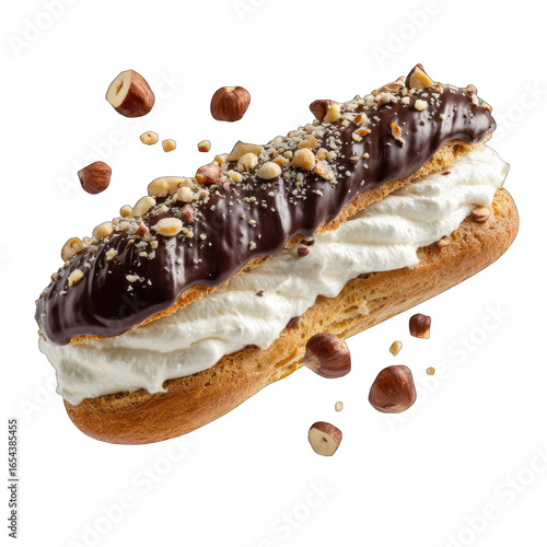 Chocolate hazelnut cream puff, coated in dark chocolate, topped with chopped hazelnuts