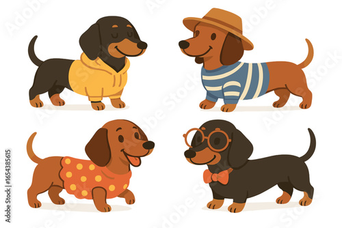Set of cute dachshund characters. Funny wiener dogs dressed in stylish outfits. Adorable sausage dog puppies with clothes. Cartoon vector pet animal illustration collection.