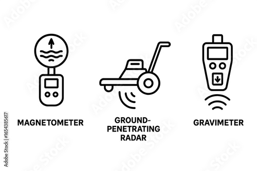 Geophysical survey tools icon set. Outline icons of magnetometer, ground-penetrating radar, and gravimeter. Geophysics and geology exploration equipment. Vector illustration.