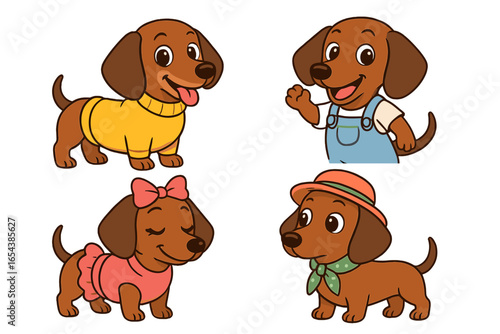 Set of cute cartoon dachshund characters. Adorable puppies in different outfits. Funny sausage dog collection with various emotions. Vector illustration for kids, pet lovers.
