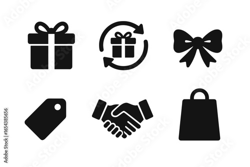 Gift exchange solid glyph icon set. Present giving, shopping, holiday celebration concepts. Vector graphics of gift box, ribbon bow, gift tag, handshake, bag, return symbol.