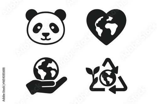 Vector icon set for global conservation. Panda represents endangered species. Earth in heart and hand symbolizes care. Recycle logo for sustainability. Ecology concept glyphs.