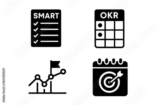 Goal setting icon set. Business strategy and management symbols. SMART goals checklist, OKR grid, milestone chart, and target deadline calendar. Solid glyph vector icons.