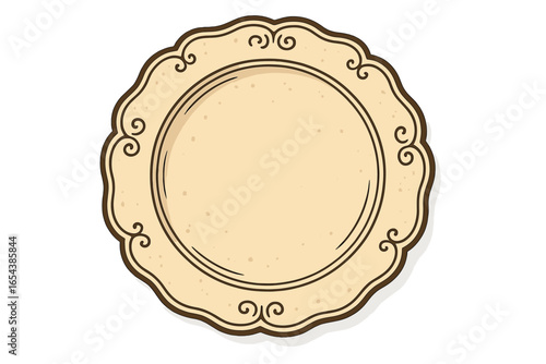 Vintage plate with ornate scalloped edge. Classic ceramic empty dish illustration. Retro tableware for restaurant, dinner, or home decor. Antique crockery vector design element.