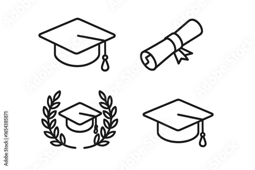 Graduation line icon set. Academic education and university achievement symbols. Vector outline of mortarboard cap, diploma scroll, degree certificate, and laurel wreath for success.