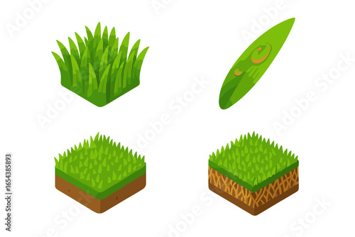 Grass texture icon set in isometric style. Vector elements of lawn turf, soil cube, ground cross-section, thatch layer, and a plant blade with fresh dew for ecology design.