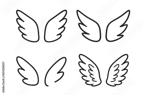 Set of different angel wings. Hand drawn cartoon doodle style vector illustration. Black line art icon collection. Cute bird or fairy wings for logo, tattoo, or decoration.