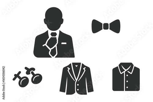 Groom accessory solid icon set. Man in suit adjusting tie. Wedding preparation concept with formal menswear glyphs like tuxedo jacket, dress shirt, bow tie, and cufflinks.