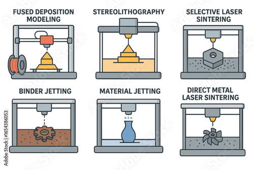 3D printing methods vector icon set. Additive manufacturing technology. Fused Deposition Modeling, Stereolithography, SLS, Binder Jetting, DMLS. Industrial production concept.