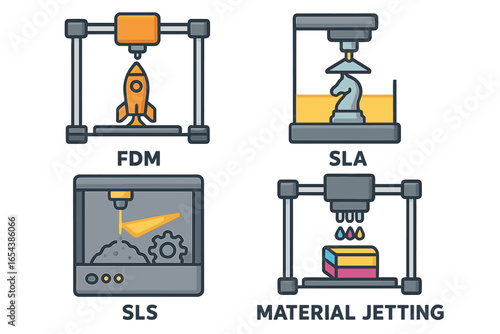 3D printing technology vector icon set. FDM, SLA, SLS, and Material Jetting methods. Additive manufacturing process for rapid prototyping and industrial engineering concept.