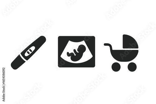 Growing family milestones vector icon set. Pregnancy journey concept with positive test, fetus ultrasound, and baby carriage. Symbols for maternity, birth, and parenting.
