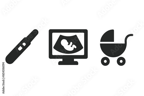 Pregnancy and new baby milestones icon set. Vector glyph icons of a positive pregnancy test, fetus ultrasound scan, and baby carriage. Family growth and maternity concept.