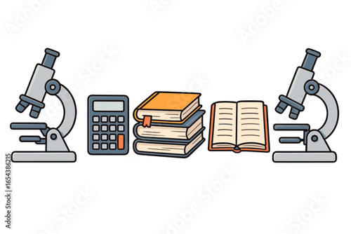 Science education icon set with tools. Microscope for biology or chemistry lab research, calculator for math, books for study. Vector cartoon illustration for school learning.