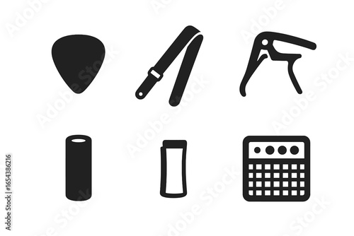 Guitar accessories icon set. Solid glyph vector icons of musical equipment. For playing guitar. Plectrum, strap, capo, bottleneck slide, and amplifier or effects pedal symbols.